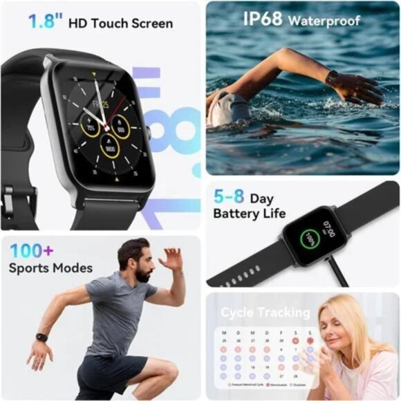 Men's Smart Watch Alexa Built-in 1.8" Touch Screen,100 Sports Modes, IP68, Black - Picture 6 of 7